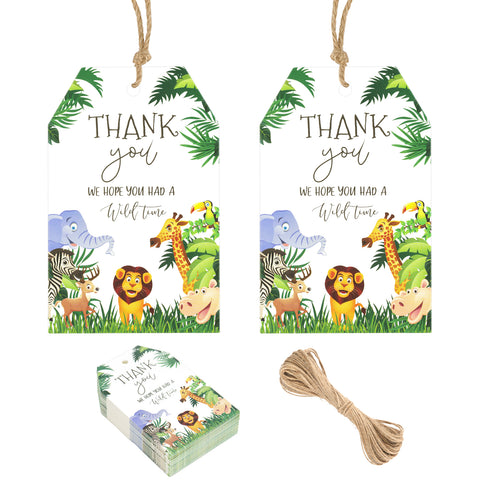 G2PLUS Jungle Safari Thank You Tags, 50PCS Animal Thank You Paper Tags, Wild Animals Thank You Gift Tags with String for Jungle Safari Birthday, Engagement, Baby Shower Party Favors (Green)