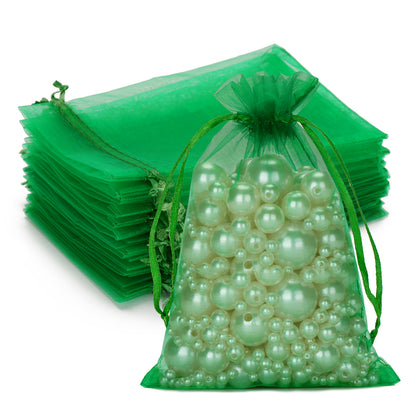 G2PLUS Organza Bags, 100PCS Green Organza Gift Bags, Jewelry Pouches Drawstring Bags 4x6, Sheer Mesh Organza Bags for Candy, Jewelry, Treats, Fruits, Wedding, Christmas Party Favors (Dark Green)