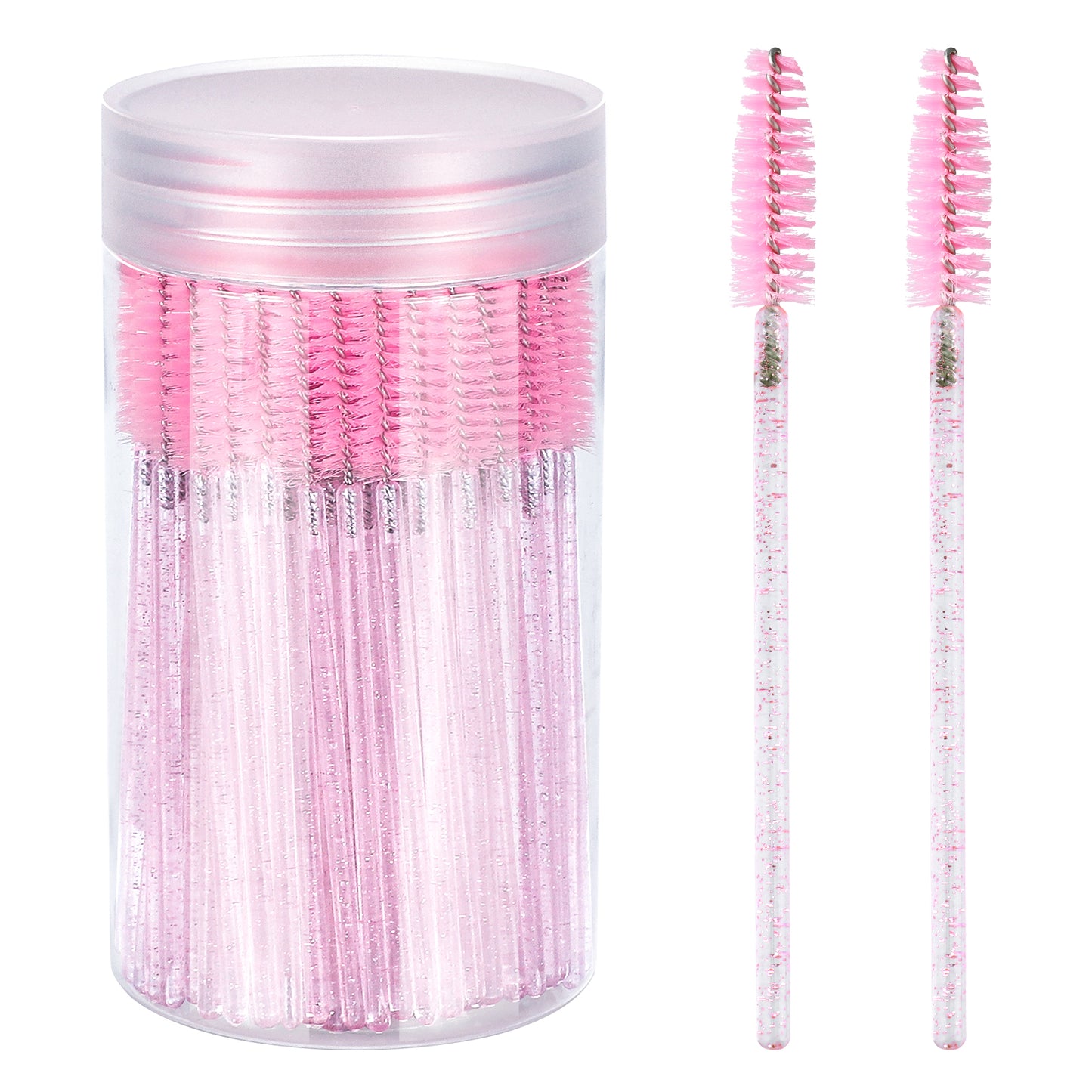 G2PLUS 100PCS Crystal Mascara Wands, Pink Disposable Eyelash Eyebrow Spoolie Brush, Eyelash Brush for Makeup, Eyelash Extensions and Eyebrow Brush with Container