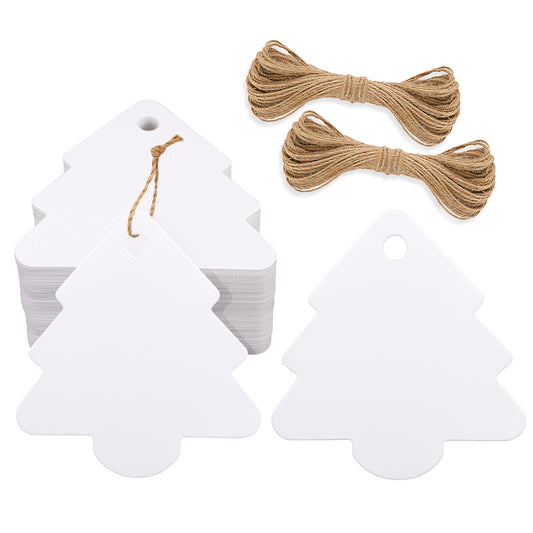 G2PLUS 100 PCS White Christmas Tags, Tree Shaped Gift Tags, Xmas Gift Tags for Presents, 5.8x6CM Paper Gift Labels with String for Christmas Decoration