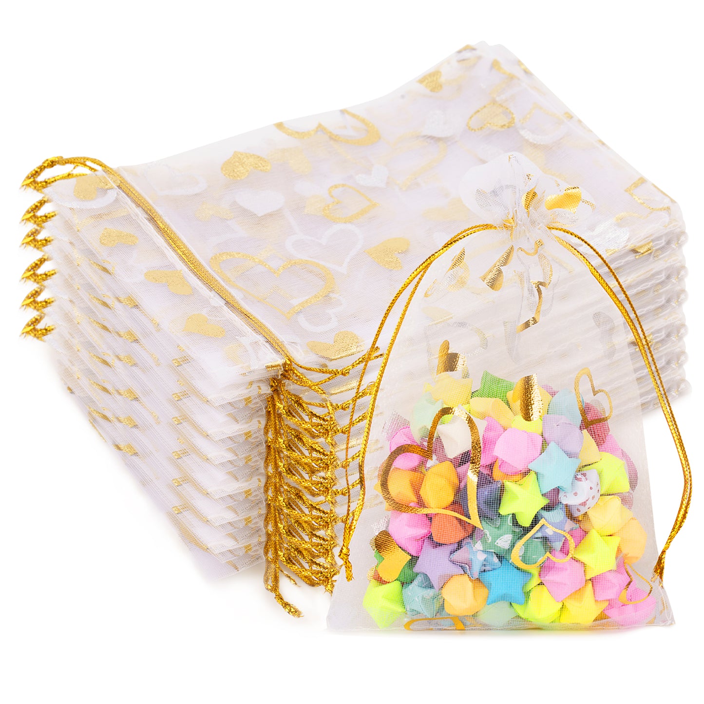 G2PLUS Heart Organza Bags, 4''x6'' Organza Gift Bags, 50PCS Drawstring Sheer Organza Gift Bags, Organza Mesh Jewelry Pouches, Candy Bags for Easter, Mother's Day, Wedding Party Favors (White Gold)