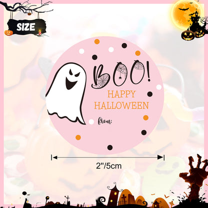 G2PLUS Happy Halloween Stickers, 60PCS Halloween Boo Gift Stickers, Halloween Name Gift Stickers, 2'' Round Halloween Ghost Label, Trick or Treat Stickers for Candy Bags, Halloween Party Favors