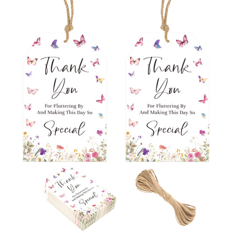 G2PLUS Butterfly Thank You Tags, 50PCS Thank You for Fluttering by Tags, Thank You Paper Tags, Floral Butterfly Gift Tags with String for Baby Shower, Birthday, Wedding Party Favors