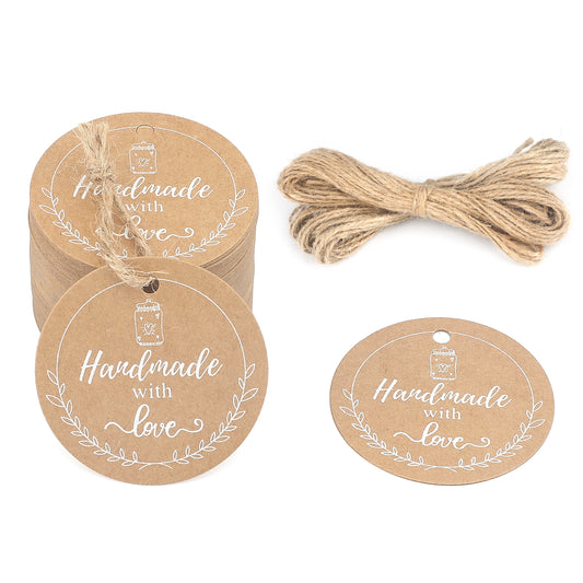 G2PLUS 100 PCS Kraft Gift Tags, 5CM Hand Made with Love Round Paper Tags, Hang Wedding Labels Tag with 20M String for Handmade Present