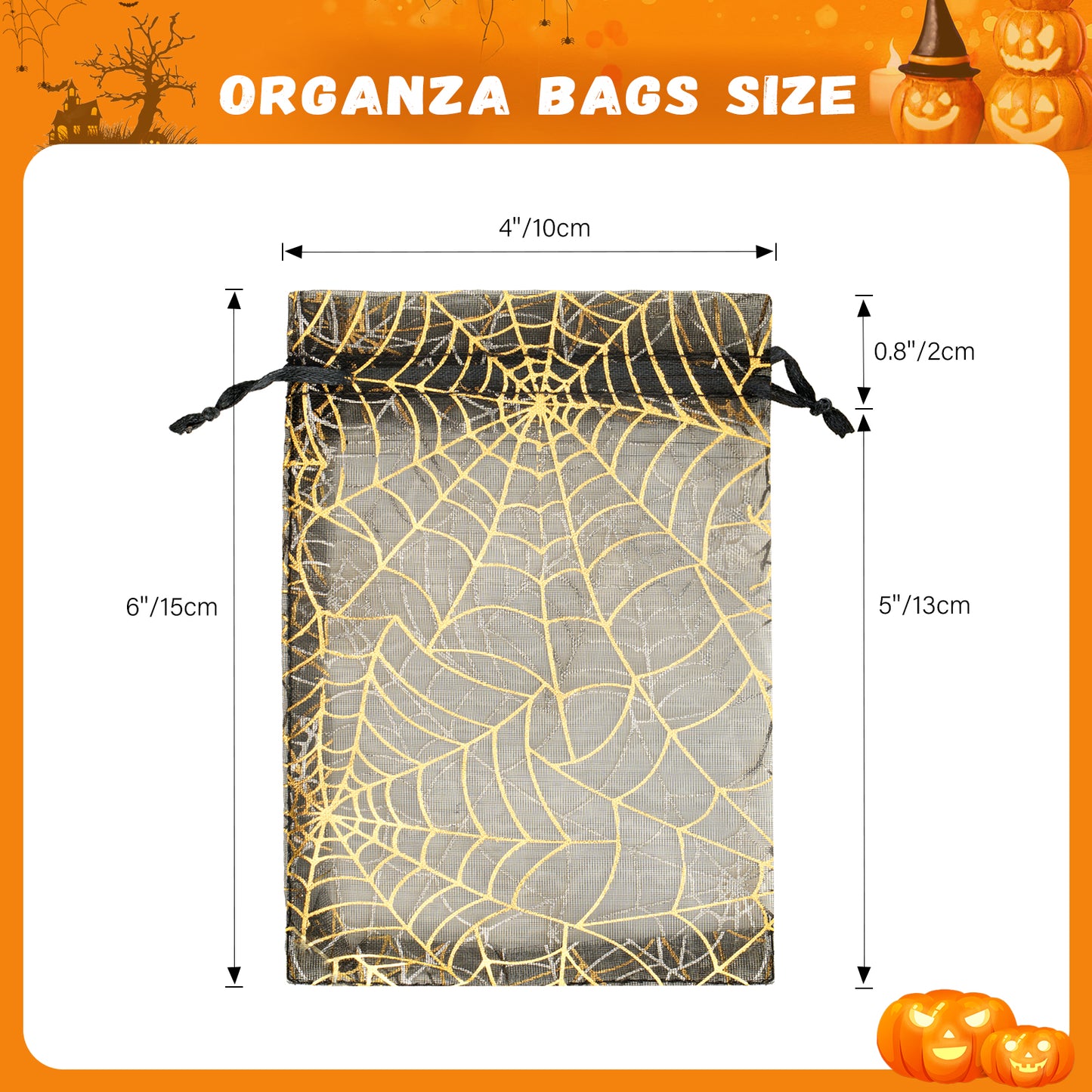 G2PLUS Halloween Organza Drawstring Bags, 50PCS Halloween Organza Bags 4x6, Sheer Organza Pouches, Trick or Treat Candy Goodies Bags, Spiderwebs Organza Bags for Halloween Party Favors (Black)