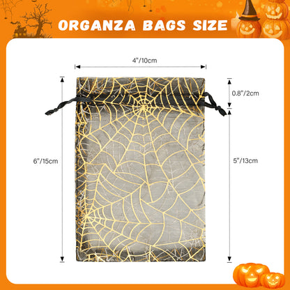 G2PLUS Halloween Organza Drawstring Bags, 50PCS Halloween Organza Bags 4x6, Sheer Organza Pouches, Trick or Treat Candy Goodies Bags, Spiderwebs Organza Bags for Halloween Party Favors (Black)