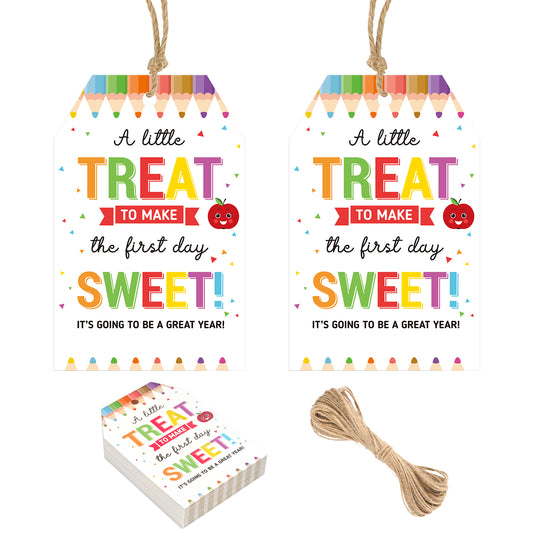 G2PLUS Back to School Gift Tags, 50PCS Welcome Back to School Tags, First Day of School Gift Tag, A Little Treat to Make The First Day Sweet Tags with String for Students, Teachers, Staffs