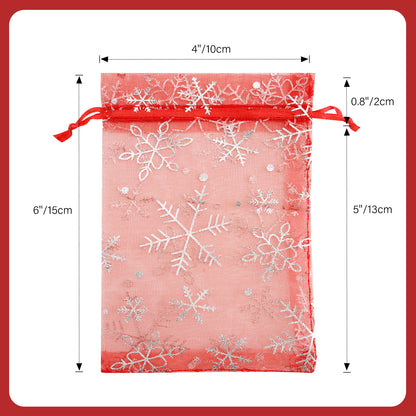 G2PLUS Christmas Drawstring Organza Bags, 50PCS Snowflake Organza Gift Bags, Red Christmas Organza Bags 4x6, Mesh Sheer Organza Pouches, Xmas Winter Holiday Organza Bags for Jewelry, Candy, Goodies