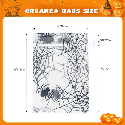 G2PLUS Halloween Organza Drawstring Bags, 50PCS Halloween Organza Bags 4x6, Sheer Organza Pouches, Trick or Treat Candy Goodies Bags, Spiderwebs Organza Bags for Halloween Party Favors (White)