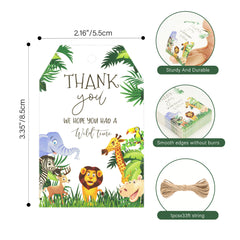 G2PLUS Jungle Safari Thank You Tags, 50PCS Animal Thank You Paper Tags, Wild Animals Thank You Gift Tags with String for Jungle Safari Birthday, Engagement, Baby Shower Party Favors (Green)