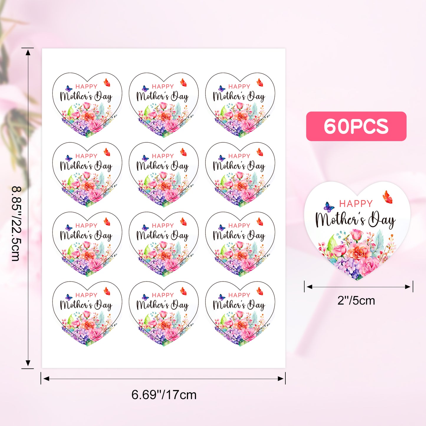 G2PLUS Mother's Day Stickers, 60PCS Happy Mother's Day Gift Stickers, 2'' Heart Shaped Mother's Day Label Stickers, Floral Gift Stickers for Mother's Day Gift Wrap, Party Favors Decorations