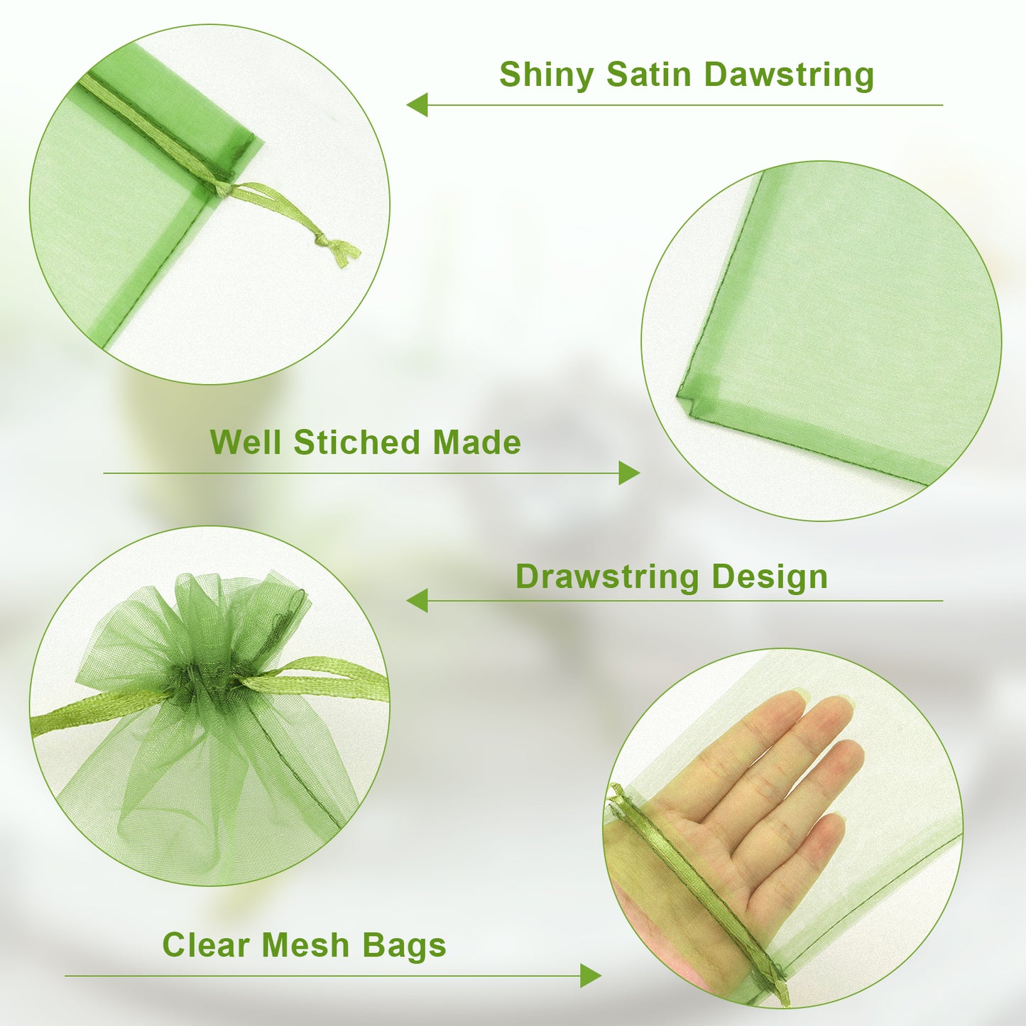 G2PLUS Organza Bags, 100PCS Green Organza Gift Bags, Jewelry Pouches Drawstring Bags 4x6, Sheer Mesh Organza Bags for Candy, Jewelry, Treats, Fruits, Wedding, Christmas Party Favors