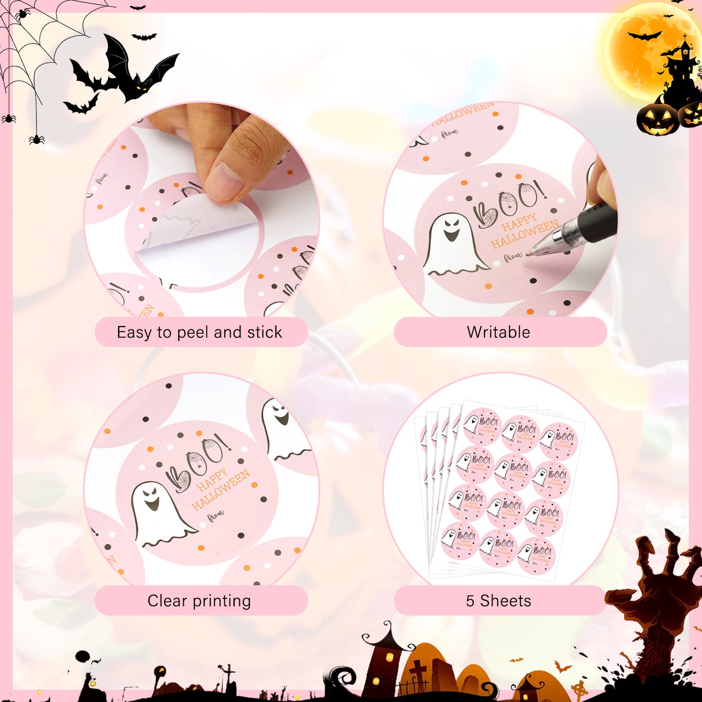 G2PLUS Happy Halloween Stickers, 60PCS Halloween Boo Gift Stickers, Halloween Name Gift Stickers, 2'' Round Halloween Ghost Label, Trick or Treat Stickers for Candy Bags, Halloween Party Favors