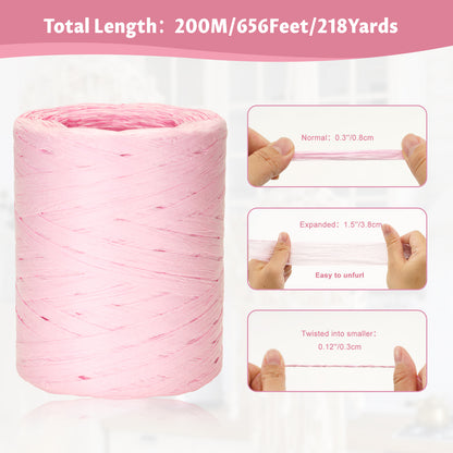 G2PLUS 218 Yards Raffia Paper Craft Ribbon, 1/4 Inch Wide Raffia Ribbon for Gift Wrapping, Pink Raffia Ribbon Packing Twine String for DIY Arts & Crafts, Crochet Supplies, Christmas Holiday Decor