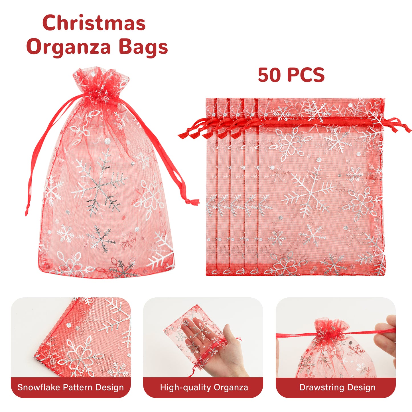 G2PLUS Christmas Drawstring Organza Bags, 50PCS Snowflake Organza Gift Bags, Red Christmas Organza Bags 4x6, Mesh Sheer Organza Pouches, Xmas Winter Holiday Organza Bags for Jewelry, Candy, Goodies