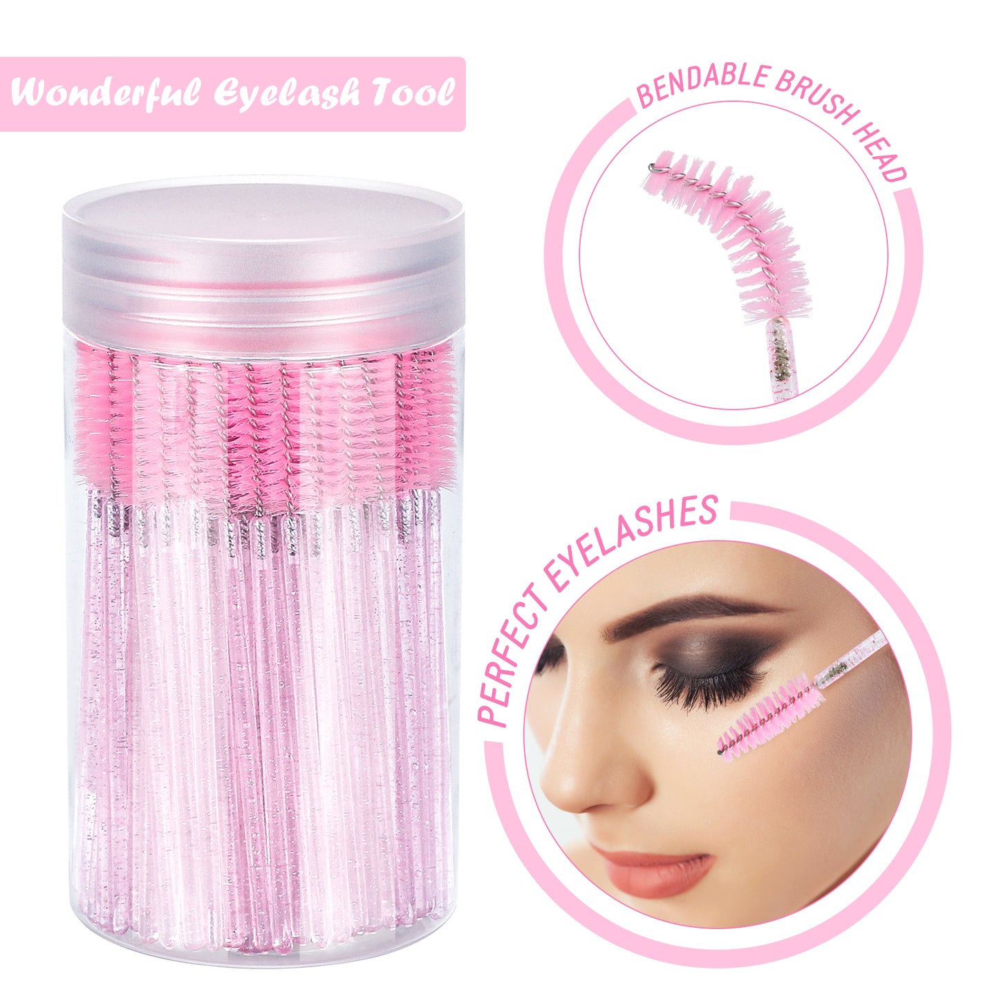 G2PLUS 100PCS Crystal Mascara Wands, Pink Disposable Eyelash Eyebrow Spoolie Brush, Eyelash Brush for Makeup, Eyelash Extensions and Eyebrow Brush with Container