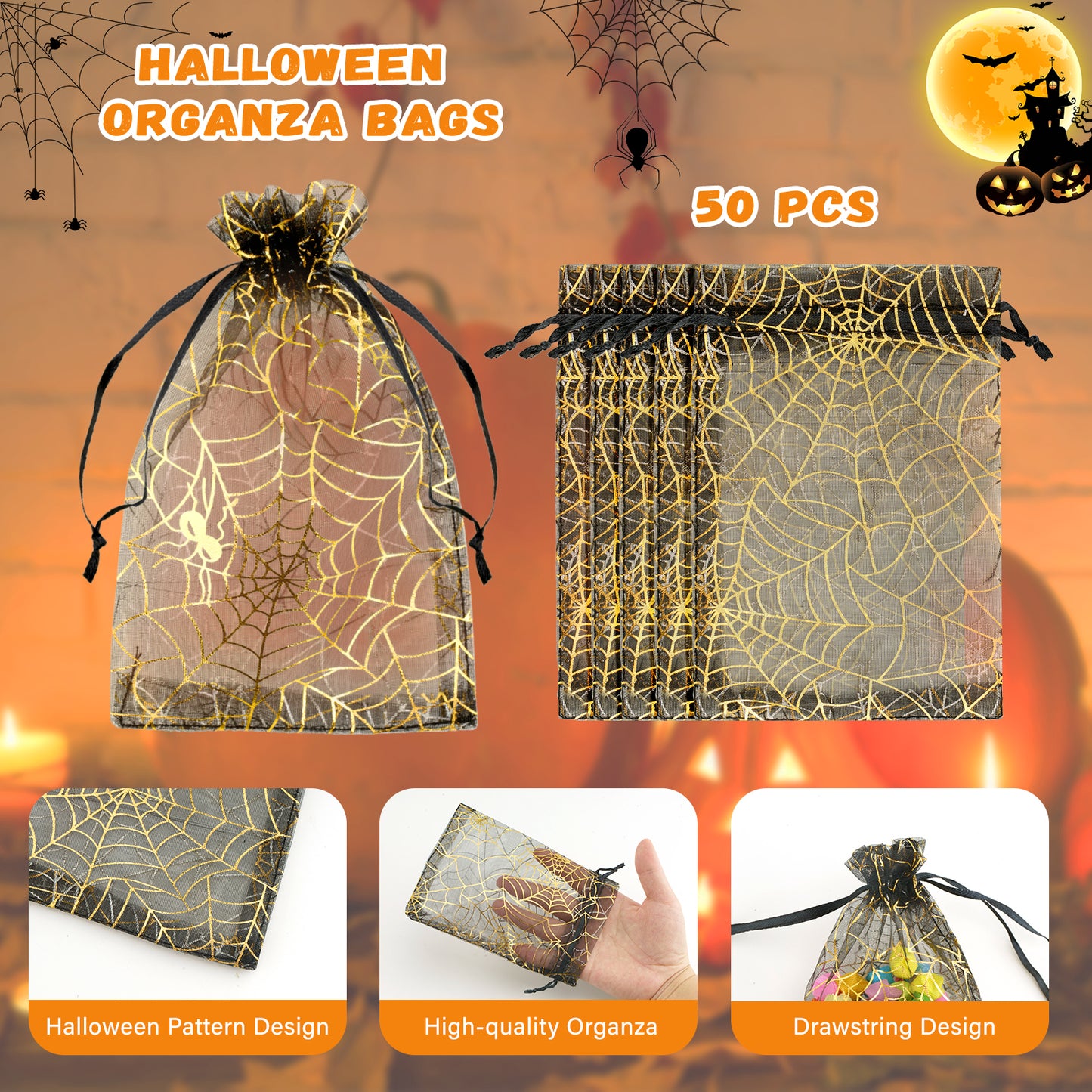 G2PLUS Halloween Organza Drawstring Bags, 50PCS Halloween Organza Bags 4x6, Sheer Organza Pouches, Trick or Treat Candy Goodies Bags, Spiderwebs Organza Bags for Halloween Party Favors (Black)