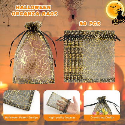 G2PLUS Halloween Organza Drawstring Bags, 50PCS Halloween Organza Bags 4x6, Sheer Organza Pouches, Trick or Treat Candy Goodies Bags, Spiderwebs Organza Bags for Halloween Party Favors (Black)