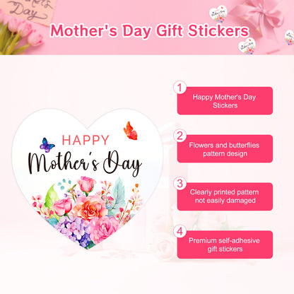 G2PLUS Mother's Day Stickers, 60PCS Happy Mother's Day Gift Stickers, 2'' Heart Shaped Mother's Day Label Stickers, Floral Gift Stickers for Mother's Day Gift Wrap, Party Favors Decorations