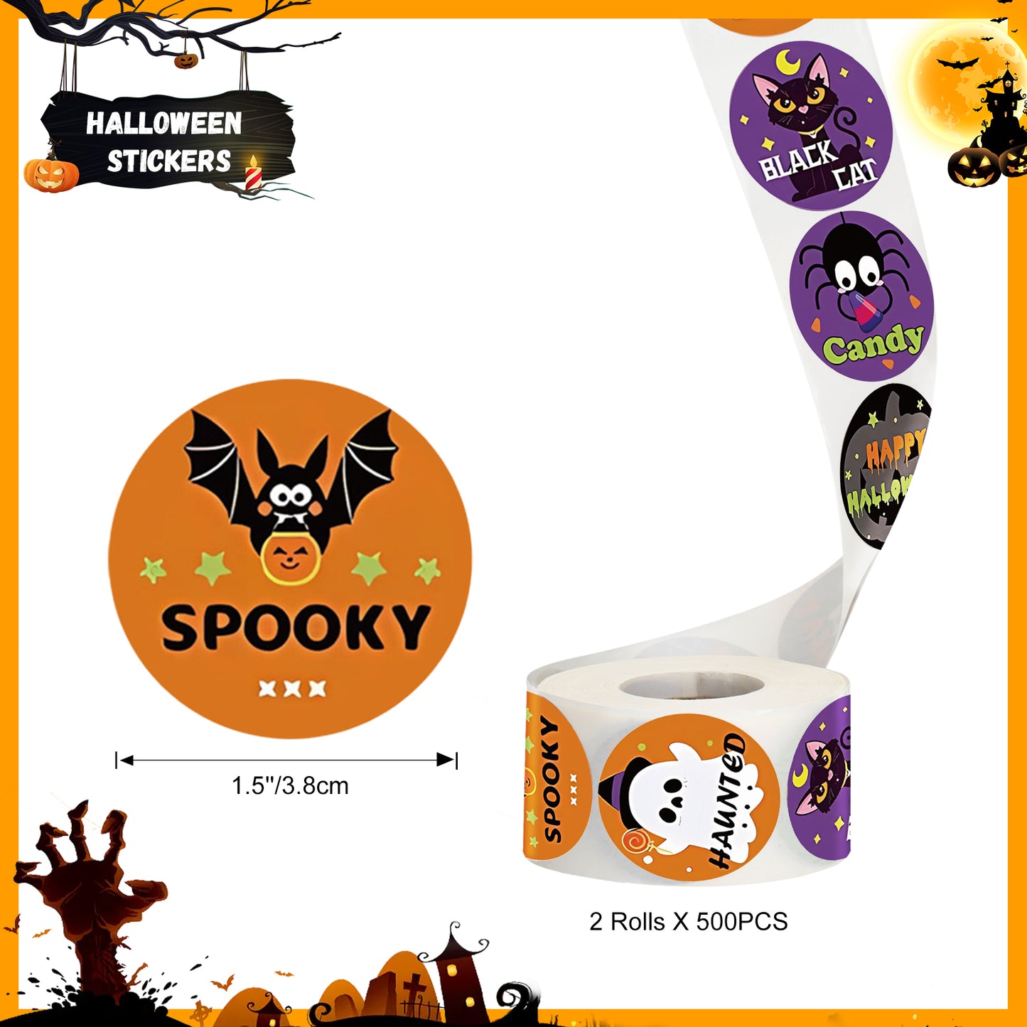 G2PLUS Halloween Stickers, 1000PCS Halloween Stickers for Kids, 1.5'' Round Happy Halloween Stickers, 16 Designs Halloween Pumpkin Bat Spider Ghost Stickers for Trick or Treat, Halloween Party Favors