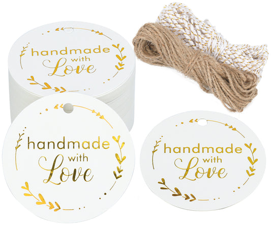 G2PLUS 100 PCS Kraft Gift Tags, 5CM Hand Made with Love Round Paper Tags, Hang Wedding Labels Tag with 20M String for Handmade Present