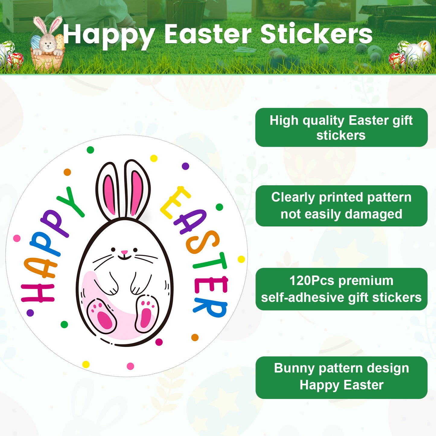 G2PLUS Easter Gift Stickers, 120Pcs Happy Easter Stickers, 2" Round Bunny Easter Labels, Lovely Bunny Stickers, Personalized Easter Decoration Stickers for Gift Wrap, Easter Party, Candy Bags