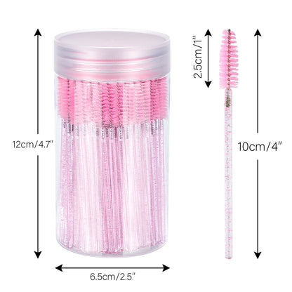 G2PLUS 100PCS Crystal Mascara Wands, Pink Disposable Eyelash Eyebrow Spoolie Brush, Eyelash Brush for Makeup, Eyelash Extensions and Eyebrow Brush with Container