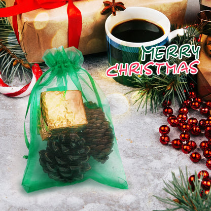 G2PLUS Organza Bags, 100PCS Green Organza Gift Bags, Jewelry Pouches Drawstring Bags 4x6, Sheer Mesh Organza Bags for Candy, Jewelry, Treats, Fruits, Wedding, Christmas Party Favors (Dark Green)