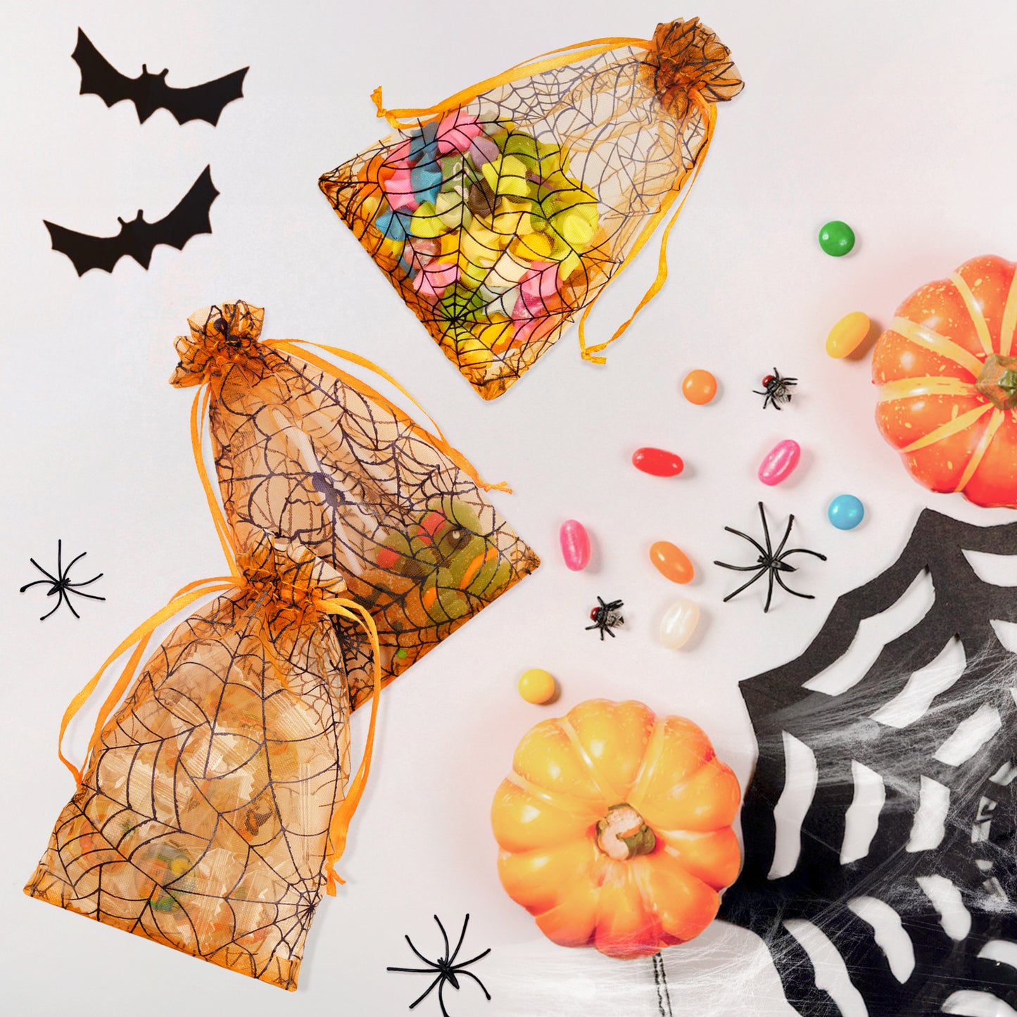 G2PLUS Halloween Organza Drawstring Bags, 50PCS Halloween Organza Bags 4x6, Sheer Organza Pouches, Trick or Treat Candy Goodies Bags, Spiderwebs Organza Bags for Halloween Party Favors (Orange)