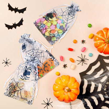 G2PLUS Halloween Organza Drawstring Bags, 50PCS Halloween Organza Bags 4x6, Sheer Organza Pouches, Trick or Treat Candy Goodies Bags, Spiderwebs Organza Bags for Halloween Party Favors (White)