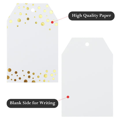 G2PLUS Foil Gold Dots Gift Tags,100Pcs White Paper HangTags with String,Personliazed Blank Tags for Wedding,Party,Gift Wrapping,Birthday,Baby Shower（3.34"×2.16")