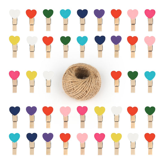 100PCS Mini Wooden Heart Pegs - 3.5cm Wooden Photo Display Clips - Tiny Wooden Clothes Pegs with 30 M Jute String for Arts and Crafts, Weddings & Events