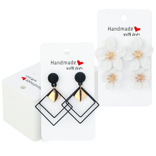 100PCS Earring Display Cards - White Earring Card Holder - Handmade with Love Jewellery Packaging Cards for Jewellery Making Storage & Disply