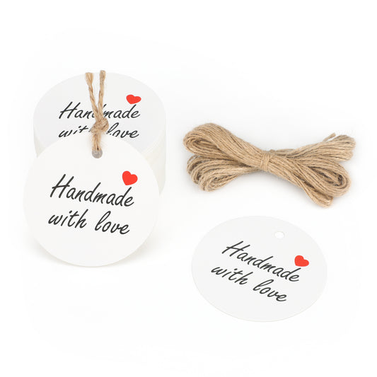 G2PLUS 100 PCS Kraft Gift Tags, 5CM Hand Made with Love Round Paper Tags, Hang Wedding Labels Tag with 20M String for Handmade Present