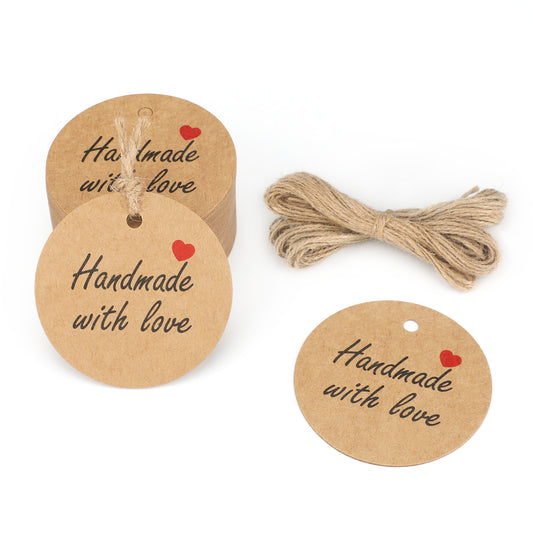 G2PLUS 100 PCS Kraft Gift Tags, 5CM Hand Made with Love Round Paper Tags, Hang Wedding Labels Tag with 20M String for Handmade Present