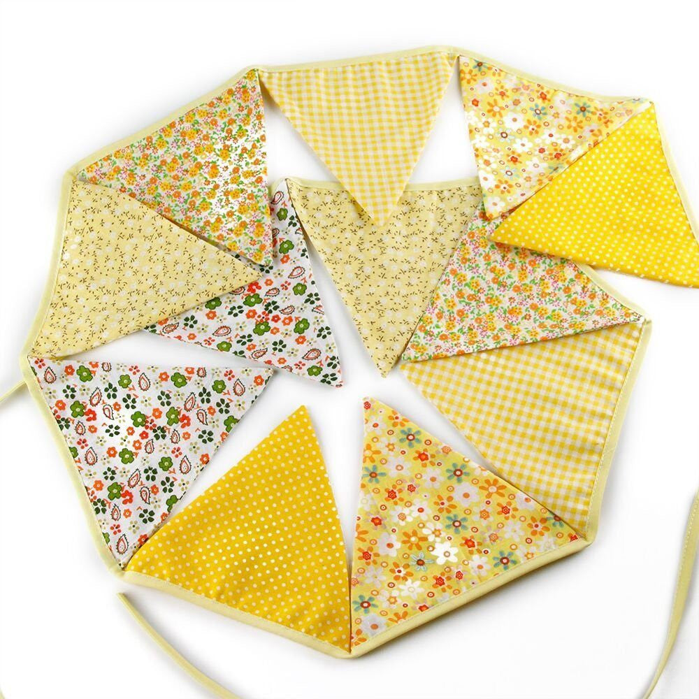 3.3M Triangle Pennant Flags Vintage Bunting Floral Cotton Banner Kit Pennant Garland For Wedding,Festivals,Nursery,Outdoor Pennant Hanging Decoration (Yellow) - G2plus