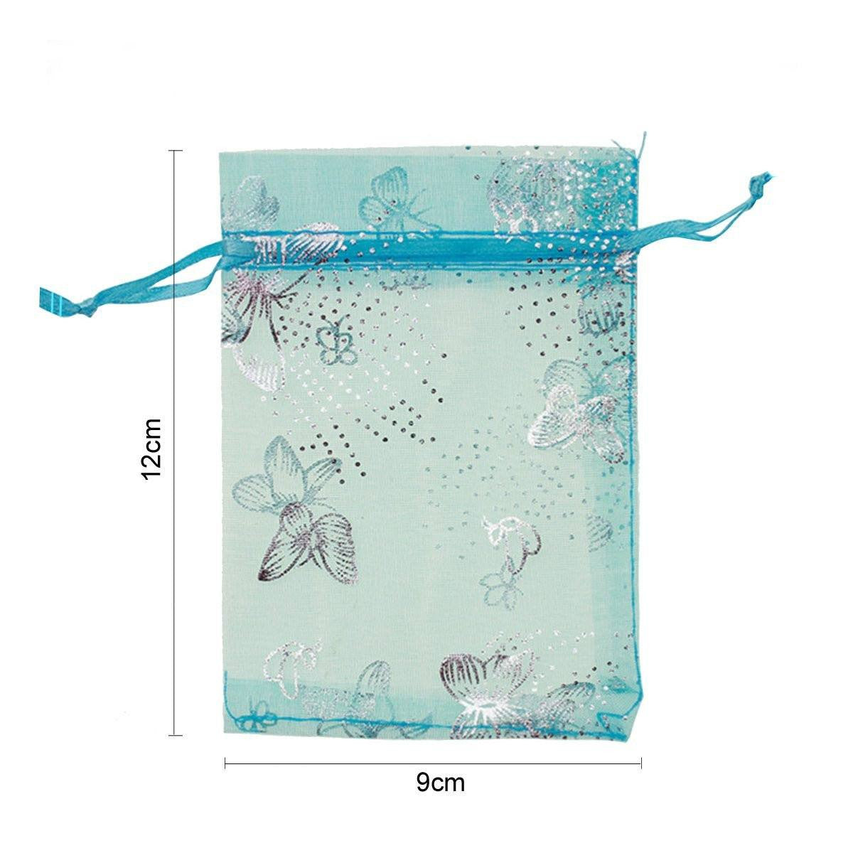 Organza Bags, G2PLUS 100PCS 9X12CM (3.54X4.72") Drawstring Organza Jewelry Favor Pouches Wedding Party Festival Gift Bags Candy Bags (Blue Butterfly Floral Print Silver) - G2plus