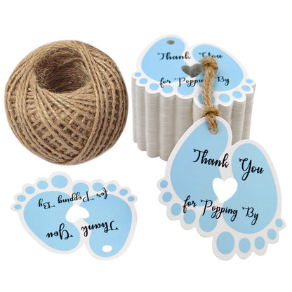 Original Design Thank You for Popping By,100 PCS Cute Baby Feet Thank You Tags with 100 Feet Natural Jute Twine Perfect for Baby Shower Favor (Blue) - G2plus