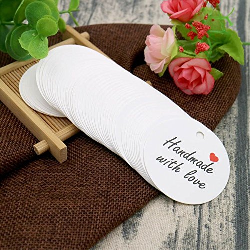 100 PCS Kraft Gift Tags 5 cm * 5 cm"Hand Made with Love" Label Birthday Luggage Round Tags Paper Wedding Labels Brown Hang Tag with 30 Meters Jute Twine (White) - G2plus