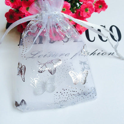 Organza Bags, G2PLUS 100PCS 9X12CM (3.54X4.72") Drawstring Organza Jewelry Favor Pouches Wedding Party Festival Gift Bags Candy Bags (White Butterfly Floral Print Pattern) - G2plus