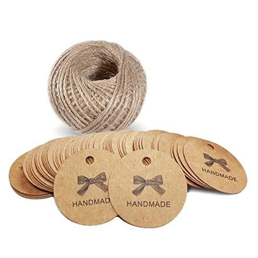 100 PCS ‘Handmade’ Printed Kraft Paper Hang Tags Craft Gift Tags with 100 Feet Jute Twine - G2plus