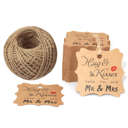 Original Design Wedding Favor Gift Tags, 100 PCS Brown Square Tags with 100 Feet Natural Jute Twine Perfect for Bridal Baby Shower Anniversary- Hug & Kisses from the New Mr & Mrs - G2plus