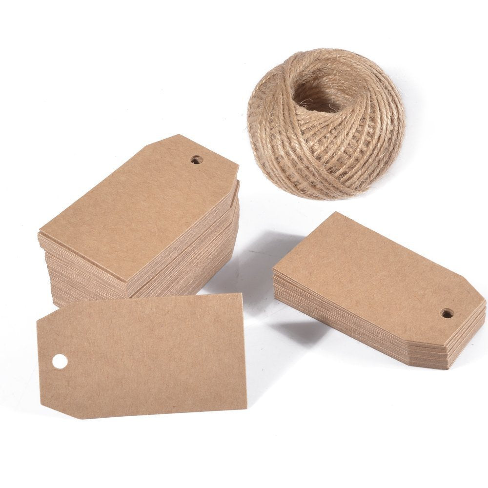 100 PCS Kraft Gift Tags 4 CM * 7 CM Blank Label Paper Wedding Labels Birthday Luggage Tags Brown Hang Tag with 30 Meters Jute Twine - G2plus