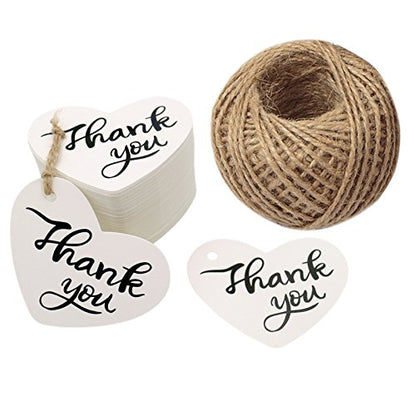 Valentine Gift Tags,100 PCS Thank You Tags 2.6" X 2" Kraft Paper Gift Tags with 100 Feet Natural Jute Twine Perfect for Valentine's Day,Baby Shower,Wedding Party Favor - G2plus