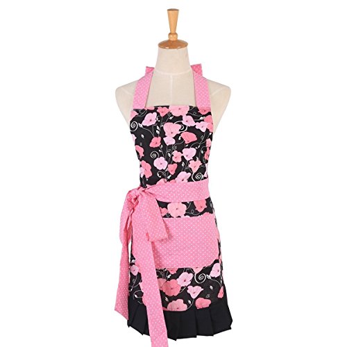 Cotton Apron for Women with Pockets, Extra Long Ties Floral Apron Perfect for Kitchen Cooking, Baking and Gardening, 29 x 21 - inch