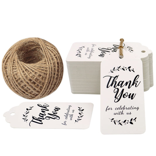 Original Design Thank You for Celebrating with Us Tags, 100PCS Paper Gift Tags with 100 Feet Natural Jute Twine Perfect for Wedding,Baby Shower and Party Decoration (White) - G2plus