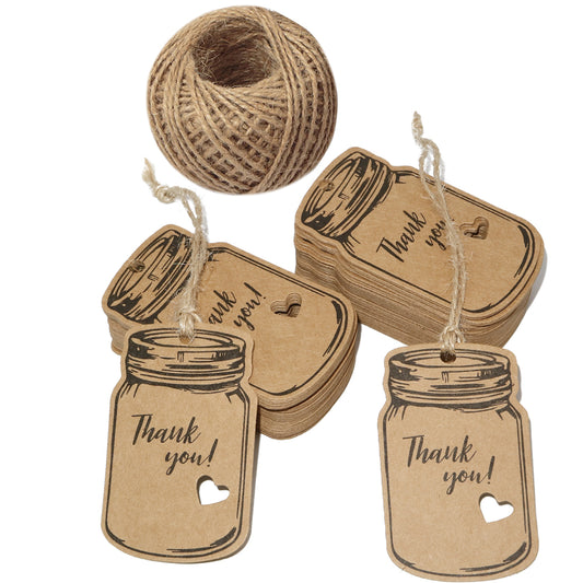 100PCS Vintage Mason Jar Shaped Tags,2.9" X 1.7" Thank You Tags with 100 Feet Natural Jute Twine for DIY and Craft, Canning Jars and Party Favors - G2plus