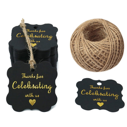 High-end Carbon Gold Thanks for Celebrating with Us Gift Tags with 100 Feet Natural String for Baby Shower, Bridal Wedding, Anniversary Celebration - G2plus