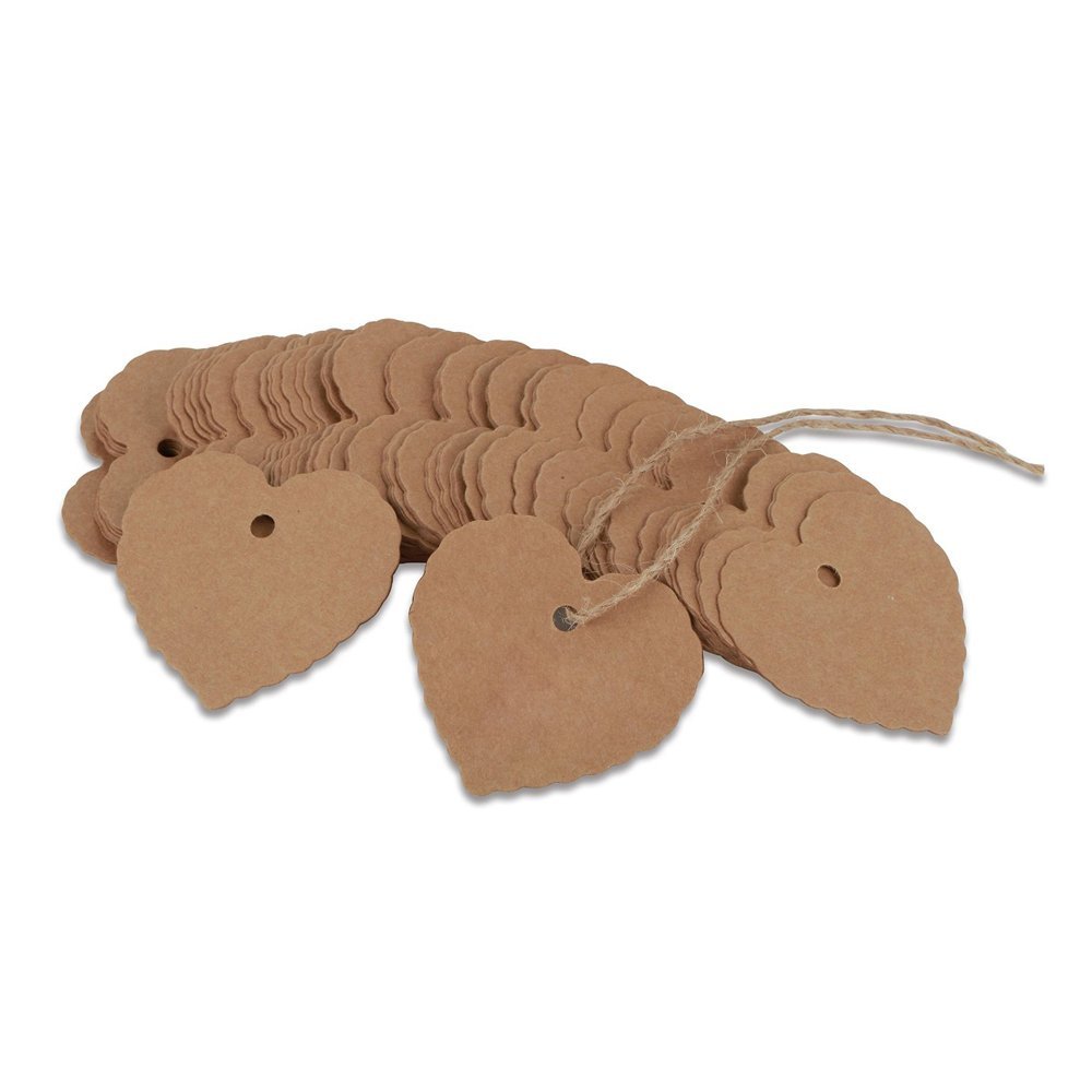 Valentine's Day Kraft Gift Tags 100 PCS Blank Label 5.5 cm * 6 cm Paper Wedding Labels Brown Hang Tag with 30 Meters Jute Twine - Heart-Shaped (Brown) - G2plus