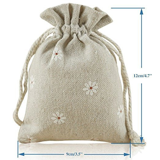 Burlap Bags with Drawstring, G2PLUS 20 PCS Cotton Burlap Drawstring Pouches Christmas Gift Bags Wedding Party Favor Jewelry Bags 3.5'' x 4.7'' (White Daisy) - G2plus